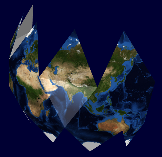 A partly unfolded icosphere with an earth-map texture